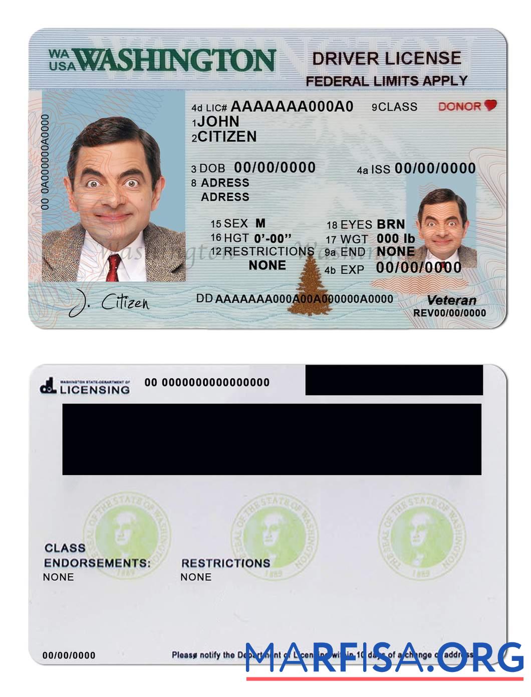 Printable USA Washington driving license (2018 – present) template